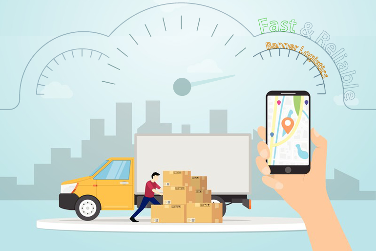 illustration of courier packing van and person holding mobile phone
